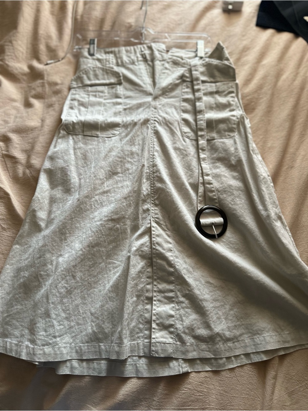 Who What Wear Off-White Linen-Blend Midi Skirt with Round Buckle - Picture 3 of 4